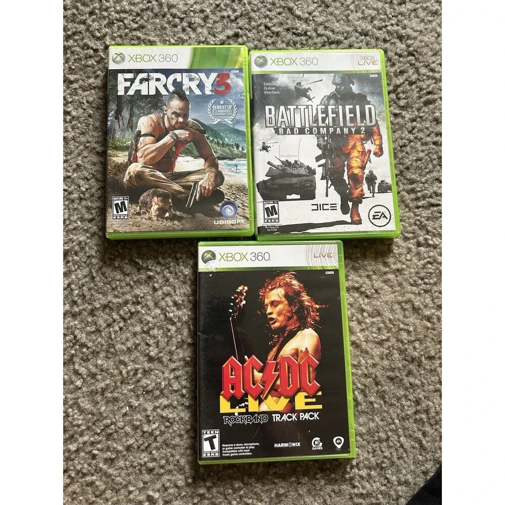 Microsoft Xbox 360 Video Game Lot Farcry3, Battlefield Bad Company 2 & AC/DC LIV